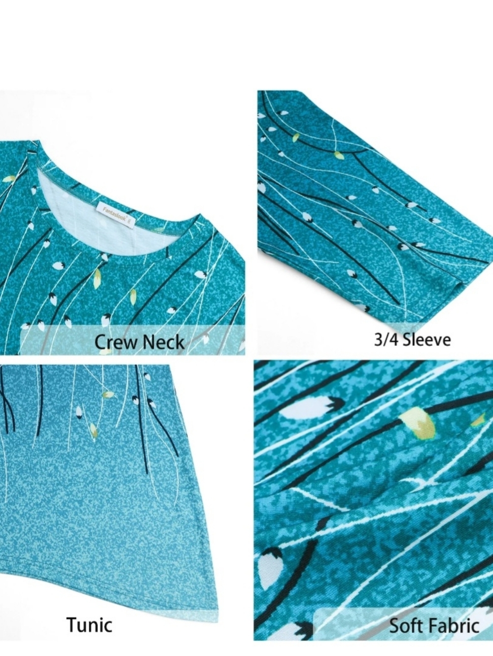 Teal Floral Vine 3/4-Sleeve Women's Top- Plus Sizes - Picture 5 of 7